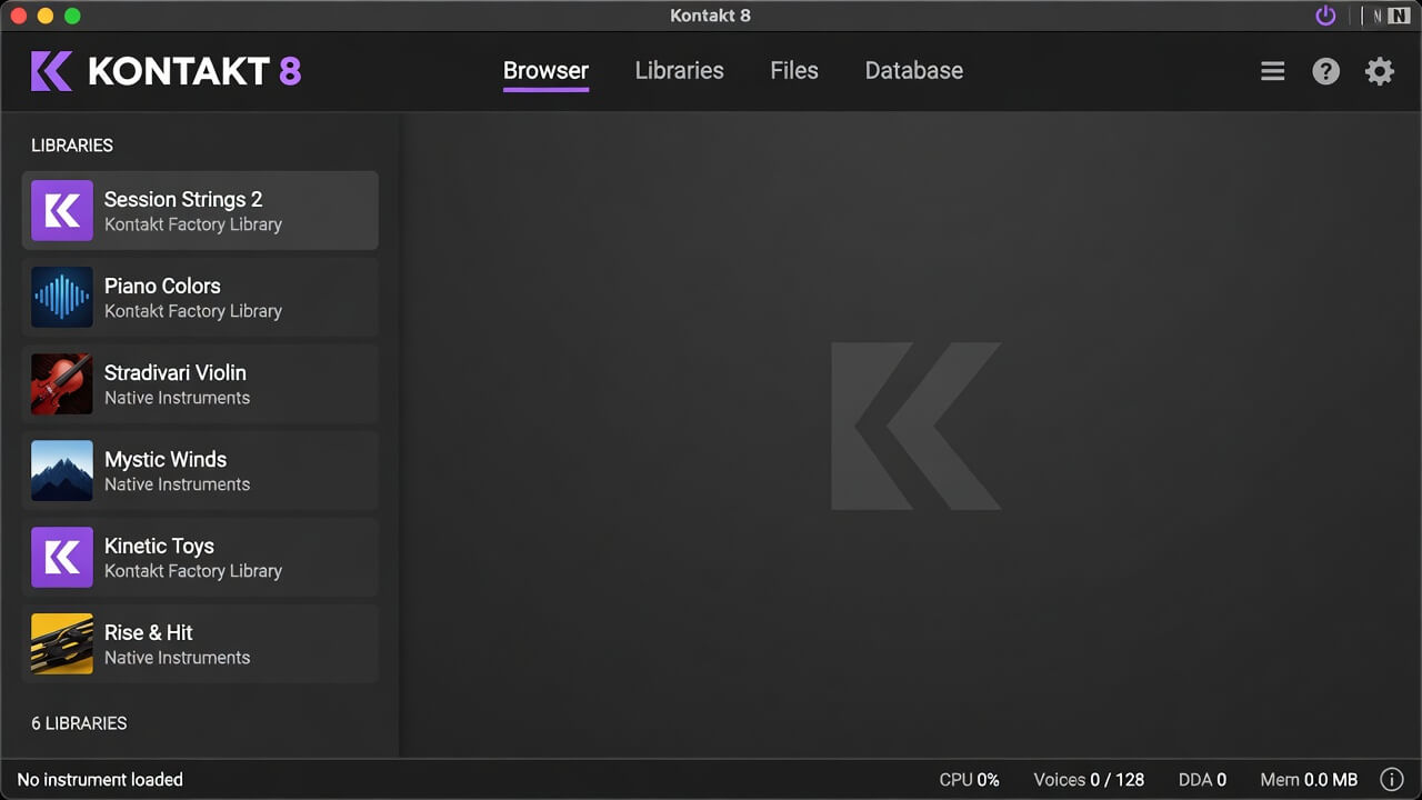 The Kontakt 8 library browser